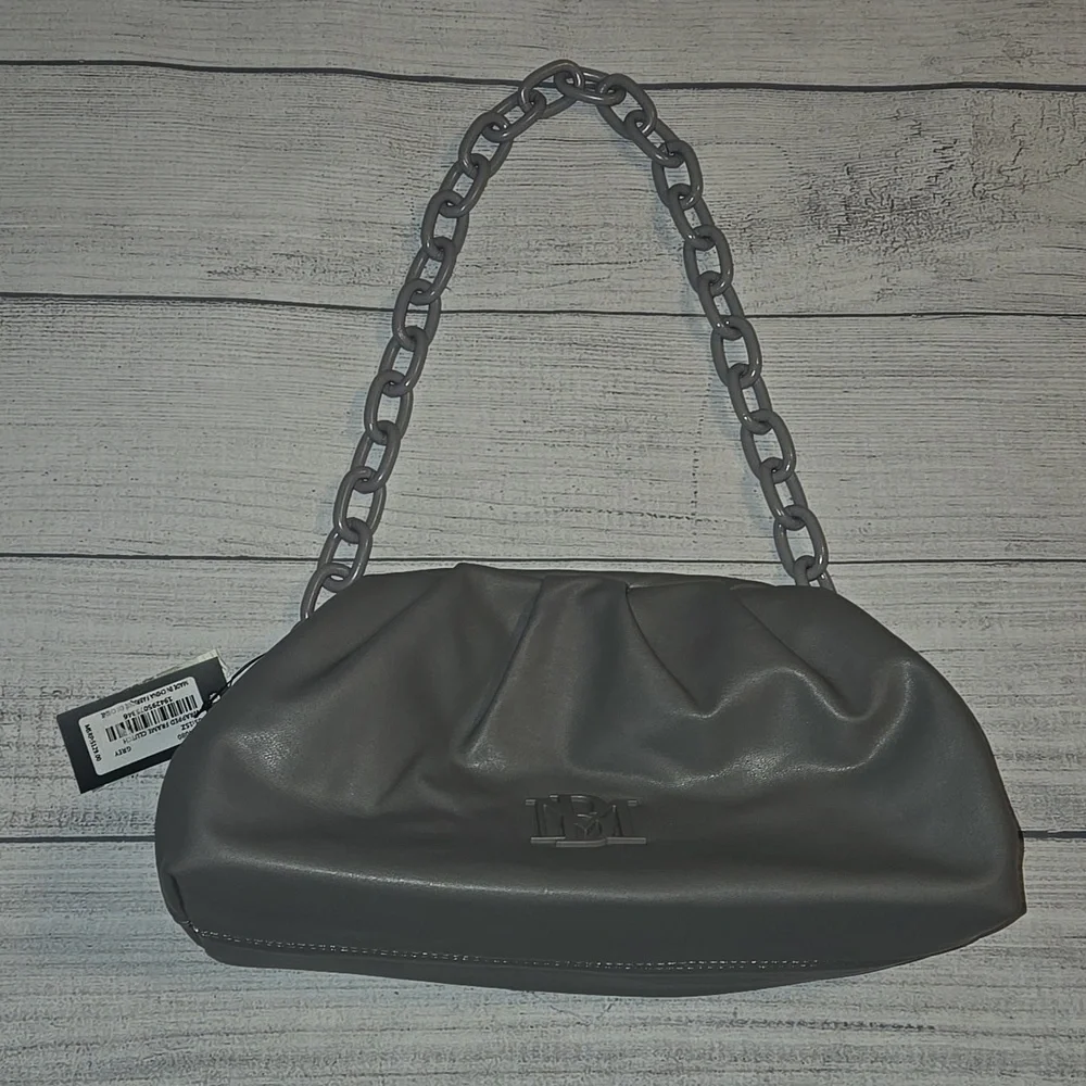 Badgley Mischka Wrapped Frame Clutch Shoulder Bag w/ Chain Link Gray NWT